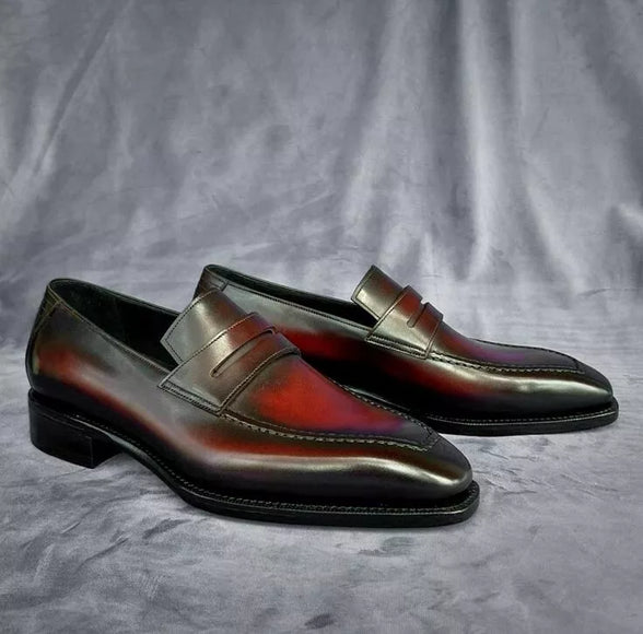 Men Handmade Maroon Crocodile Texture Leather Moccasin Business Shoes