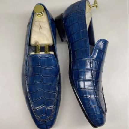Handmade Men Crocodile Leather blue Loafer Shoes, Peas Shoes, Casual Loafer Shoe