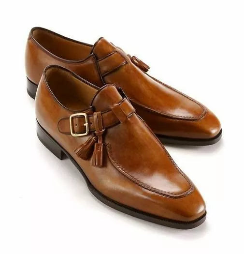 Men Handmade Brown Leather Monk Shoes, Leather Shoes with Tassels & Monk Strap