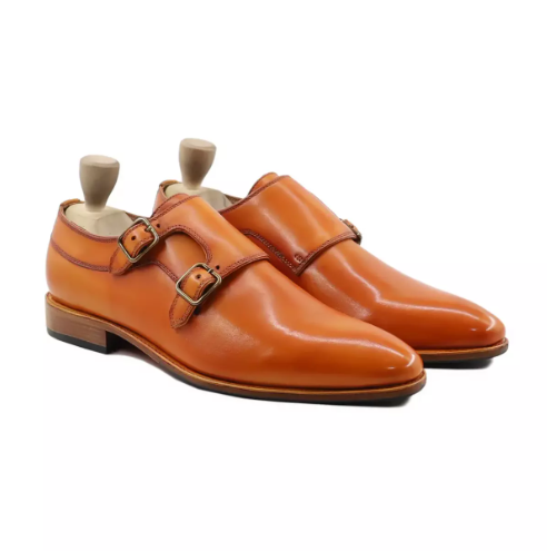 New Mens Double Monk Formal Handmade Shoes, Men Tan Dress Shoes, Buckle Shoes for Mens