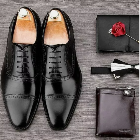 Men Black Leather Oxford Lace up Brogue Dress Shoes, Formal Leather Office Shoes