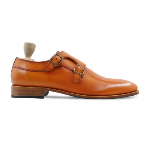 New Mens Double Monk Formal Handmade Shoes, Men Tan Dress Shoes, Buckle Shoes for Mens