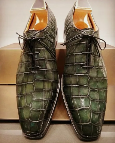 Handmade men green crocodile textured lace up slip ons shoes, Leather dress shoes for men.
