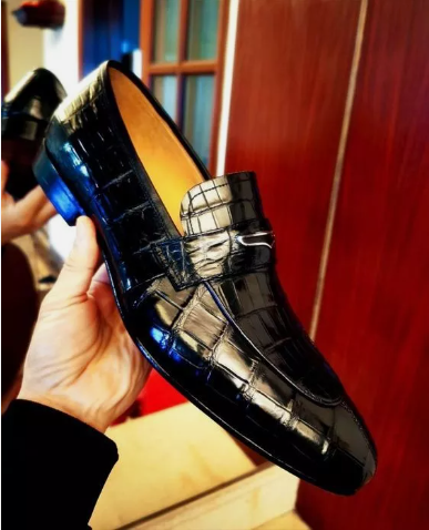 Handmade men black crocodile dress shoes, formal leather moccasin slip ons