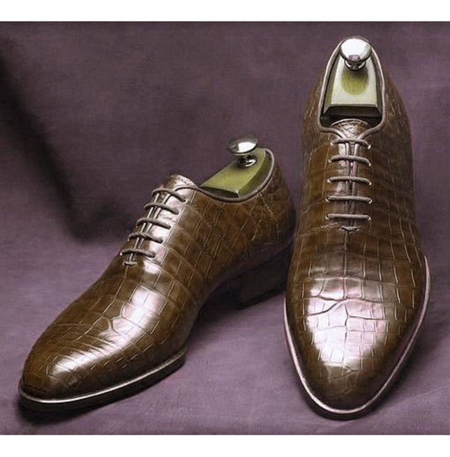Handmade Men Brown Crocodile Texture Leather Formal Dress Shoes