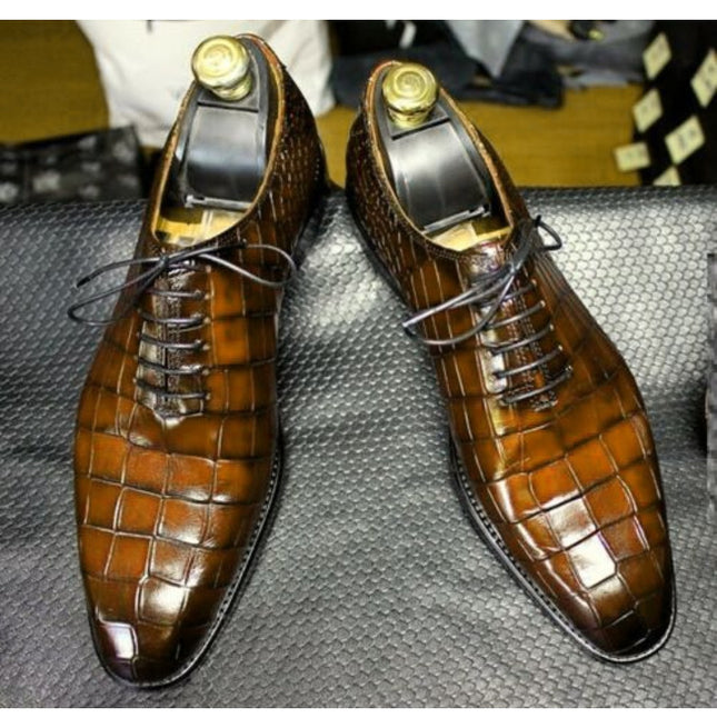 Handmade Men Brown Crocodile Textured Formal Dress Shoes, Business Shoes