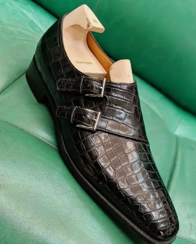 New Men black Crocodile Textured Double Monk Strap Handmade shoes, leather tuxedo dress shoes mens