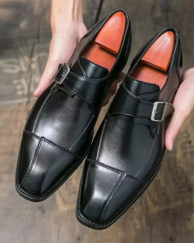 Handmade Mens Black Leather Monk Shoes, Black Mens Buckle Dress Shoes
