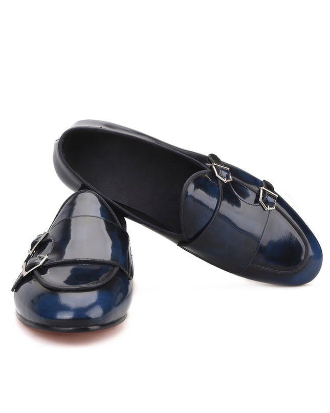 Handmade Blue Leather Double Monk Shoes for men, Blue party shoes for men