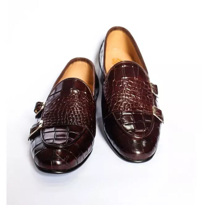 Handmade Men Brown Alligator Textured Leather Double Monk Shoes