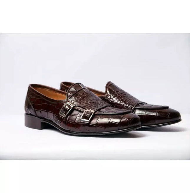 Handmade Men Brown Alligator Textured Leather Double Monk Shoes