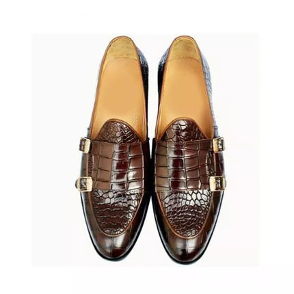Handmade Men Brown Alligator Textured Leather Double Monk Shoes