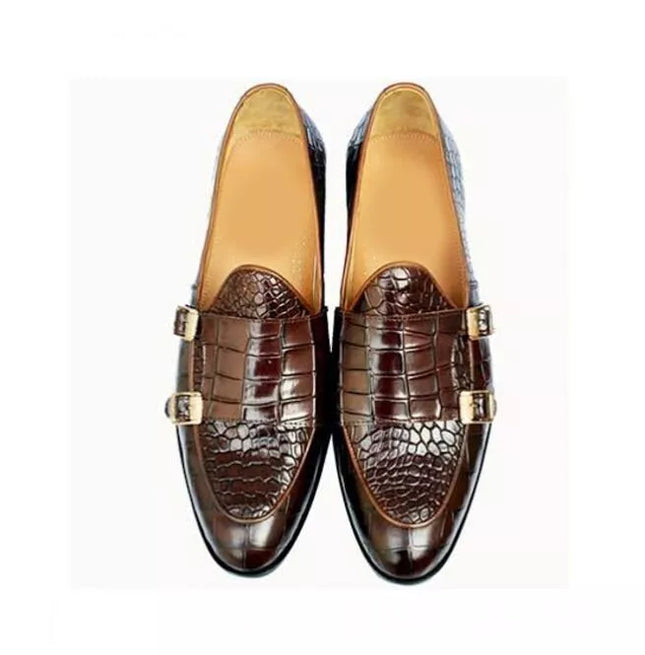 Handmade Men Brown Alligator Textured Leather Double Monk Shoes