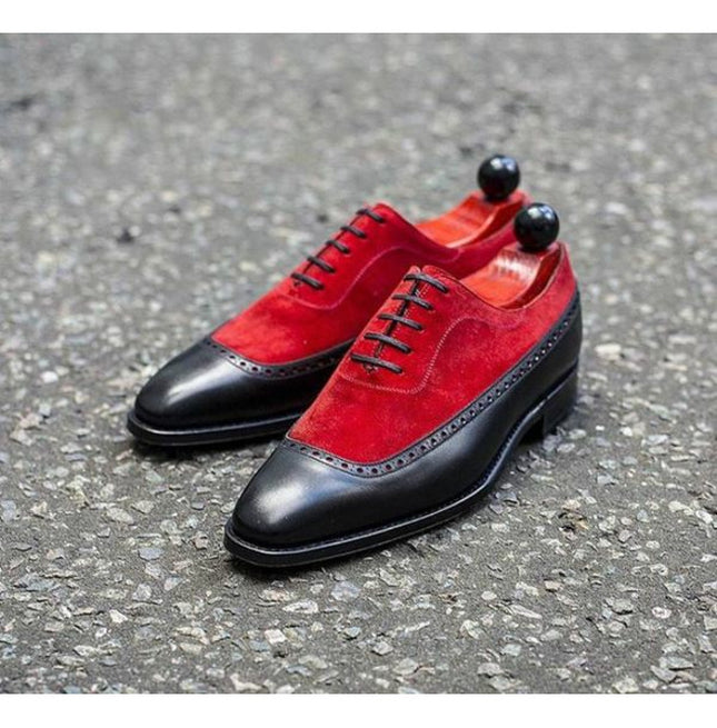Men Black Leather and Red Suede Dress Shoes, Two Tone Formal Shoes