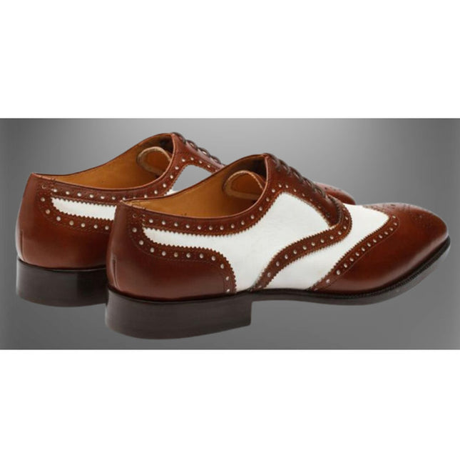 Men Handmade Brown and White Leather Brogue Dress Shoes, Men Oxford Shoes