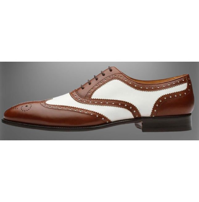 Men Handmade Brown and White Leather Brogue Dress Shoes, Men Oxford Shoes