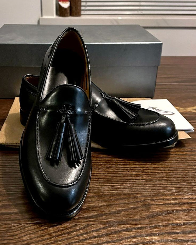 Handmade Black Tassels Shoes, Formal Leather Shoes, Slip On Tassels Office Wear