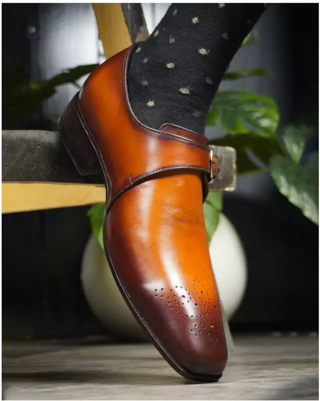 Classic Men Tan Brown Dress Shoes, Men Brown Leather Monk Oxfords Shoes