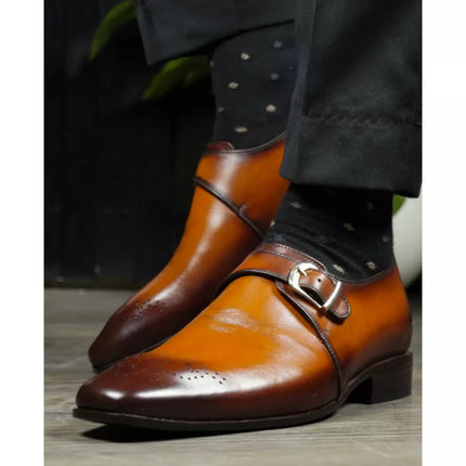 Classic Men Tan Brown Dress Shoes, Men Brown Leather Monk Oxfords Shoes
