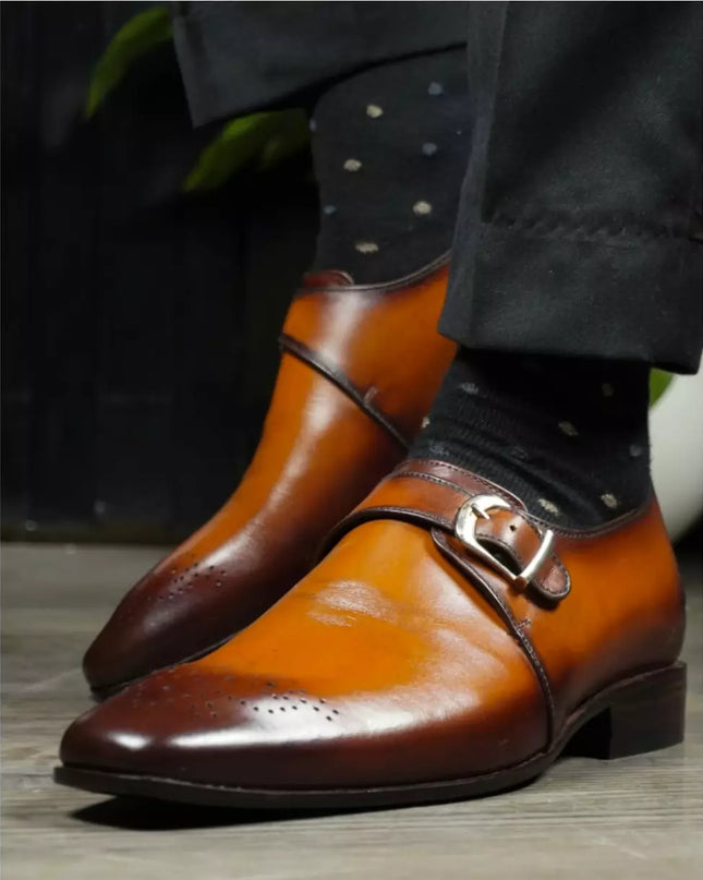 Classic Men Tan Brown Dress Shoes, Men Brown Leather Monk Oxfords Shoes
