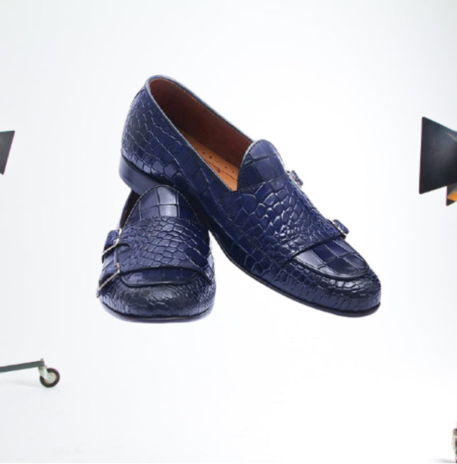 Handmade Mens Blue Crocodile Monk Shoes, Men Blue Loafer Shoes