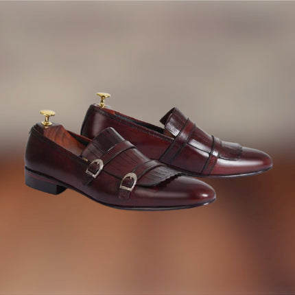 Handmade Men Brown Leather Double Monk Shoes With Fringes, Western Shoes