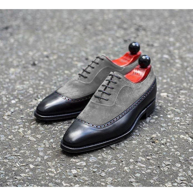 Men Black Leather and Gray Suede Dress Shoes, Two Tone Formal Shoes