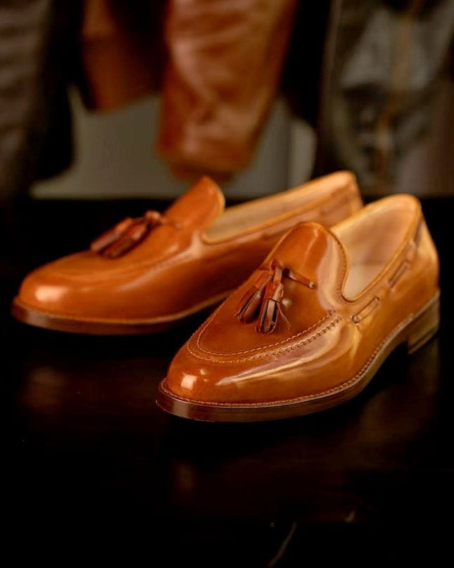 Handmade Tan Tassels Loafers, Men Round Toe Slip Ons Moccasins Dress Wear