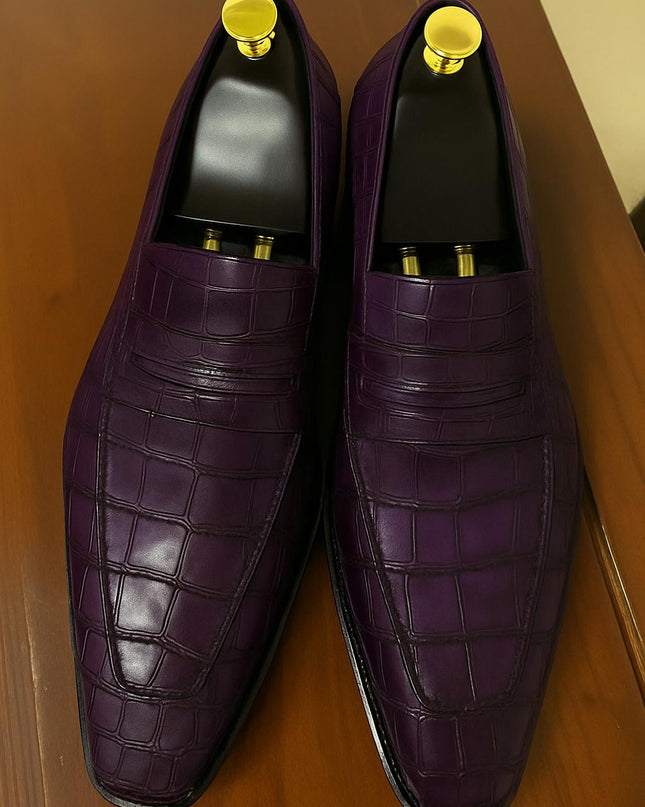Handmade Men Purple Crocodile Leather Dress Moccasins, Formal Slip On Shoes