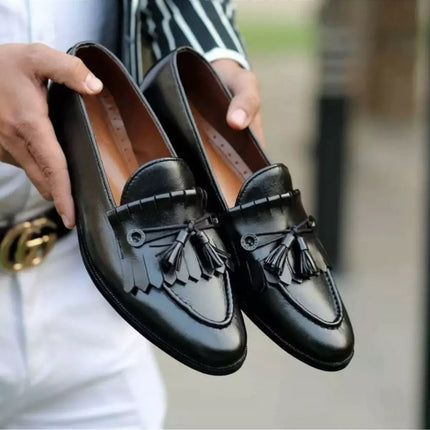 Handmade Mens Black Leather Tassels Fringes Shoes, Leather Fringe Moccasins