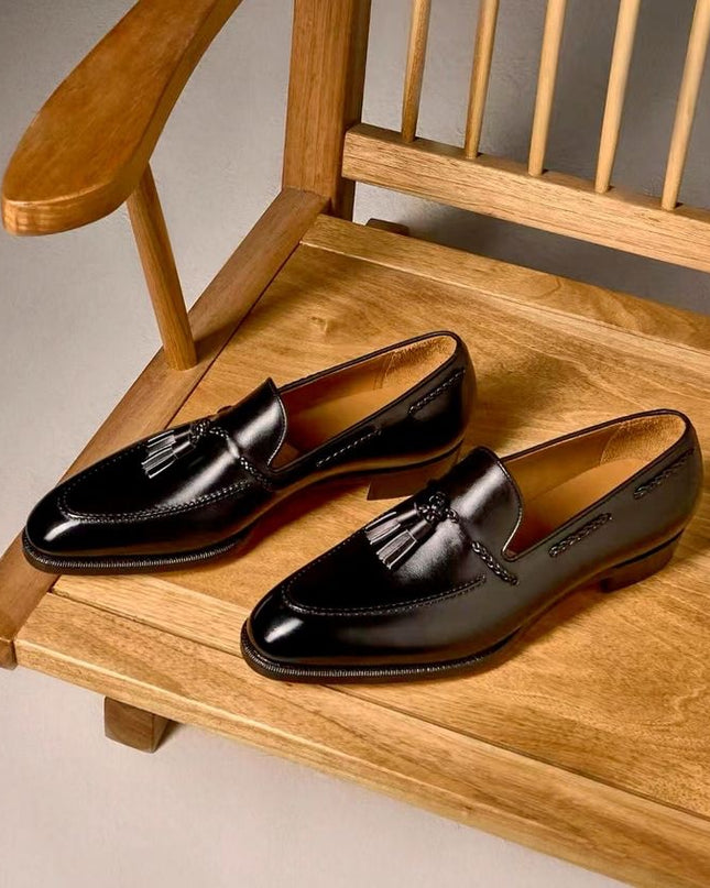 Handmade Black Tassels Loafers, Men Round Toe Slip Ons Moccasins Dress Wear