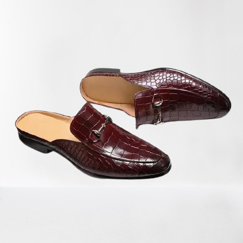 Handmade Men Red Crocodile Texture Leather Mules, Crocodile Slip on Shoes