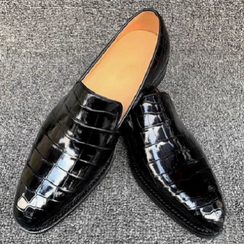 Handmade Men’s Black Round Toe Crocodile Texture Leather Moccasin Dress Shoes