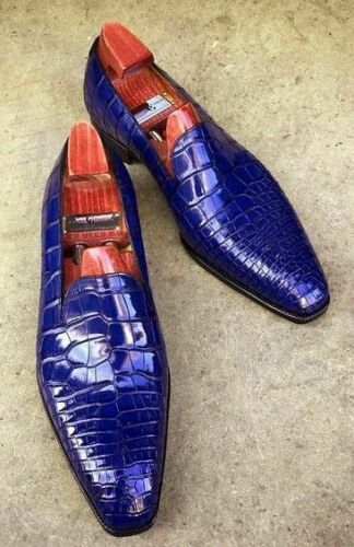 Handmade men blue crocodile shoes, men leather moccasin shoe, formal shoes mens