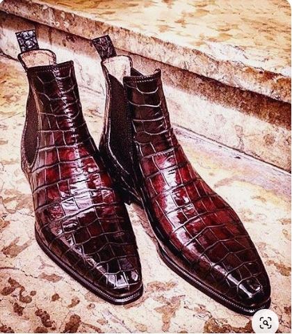 New Men’s Marron High Ankle Chelsea Business Boots, Real Leather Crocodile Texture Dress Boots