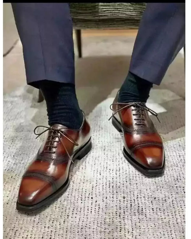 Handmade Mens Brown Oxford Dress Shoes, Mens Burnish Lace up Tuxedo Shoes
