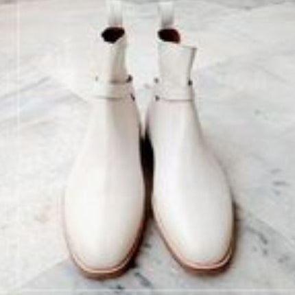 Handmade Men’s White Jodhpur Ankle Monk Strap Dress Office Boots For Men’s Leather Ankle Business Boots