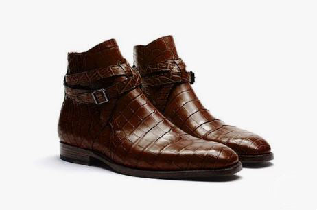 New men dark brown monk strap jodhpur ankle crocodile texture leather dress boot, formal boot, business boots