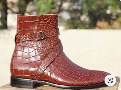 New men brown monk strap jodhpur ankle crocodile texture leather dress boot, formal boot, business boots