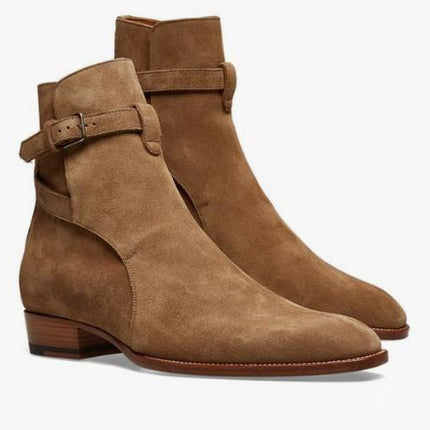 New men brown monk strap jodhpur ankle Suede dress boot, formal boot, business boots