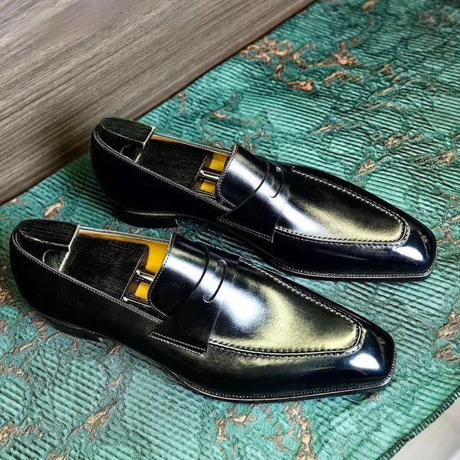 Handmade Black Almond Toe Shoes, Leather Men Moccasins Black Office Shoes