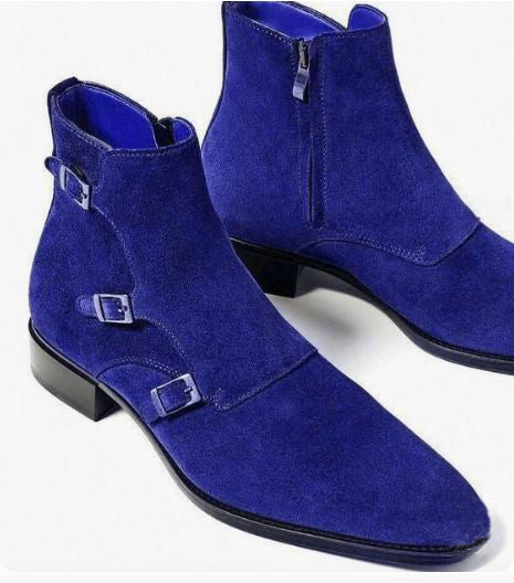 Men’s Blue Jodhpur Triple Monk Strap Dress Office Boots, Real Suede Ankle Business Boots