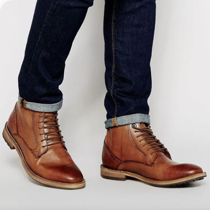 Men’s Tan Wing Tip Brogue High Ankle Chukka Dress Office Boots, Real Leather Ankle Business Boots