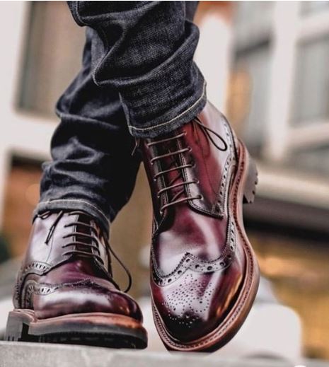 Handmade Men’s Burgundy Wing tip Brogue Chukka Lace Up Dress Office Boots, Real Leather Ankle Business Boots