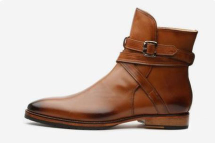 Handmade Men’s Burnished Brown Ankle Boots, Real Leather Monk Strap Dress Boots