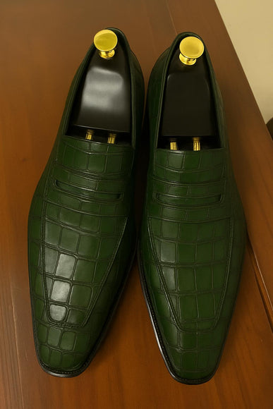 Handmade Men Dark Green Crocodile Leather Dress Moccasins, Formal Slip On Shoes
