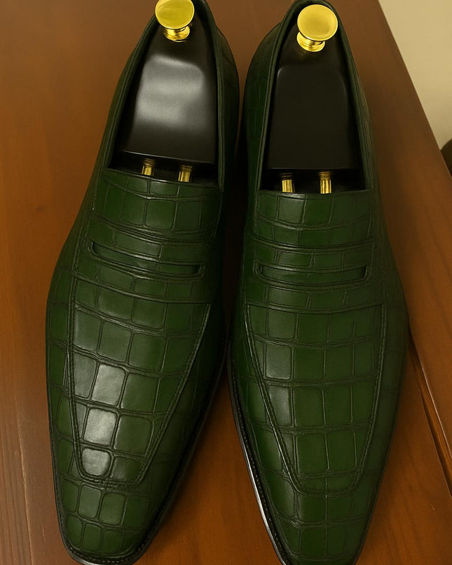Handmade Men Dark Green Crocodile Leather Dress Moccasins, Formal Slip On Shoes
