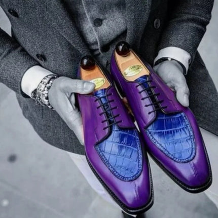 Handmade Two Tone Shoes, Mens Crocodile Pattern Shoes, Lace Up Derby Shoes
