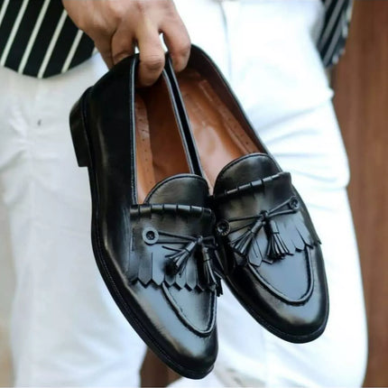 Handmade Mens Black Leather Tassels Fringes Shoes, Leather Fringe Moccasins