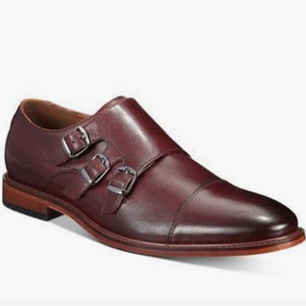 Handmade Men’s Burgundy Triple Monk Strap Office Shoes, Real Leather Business shoes